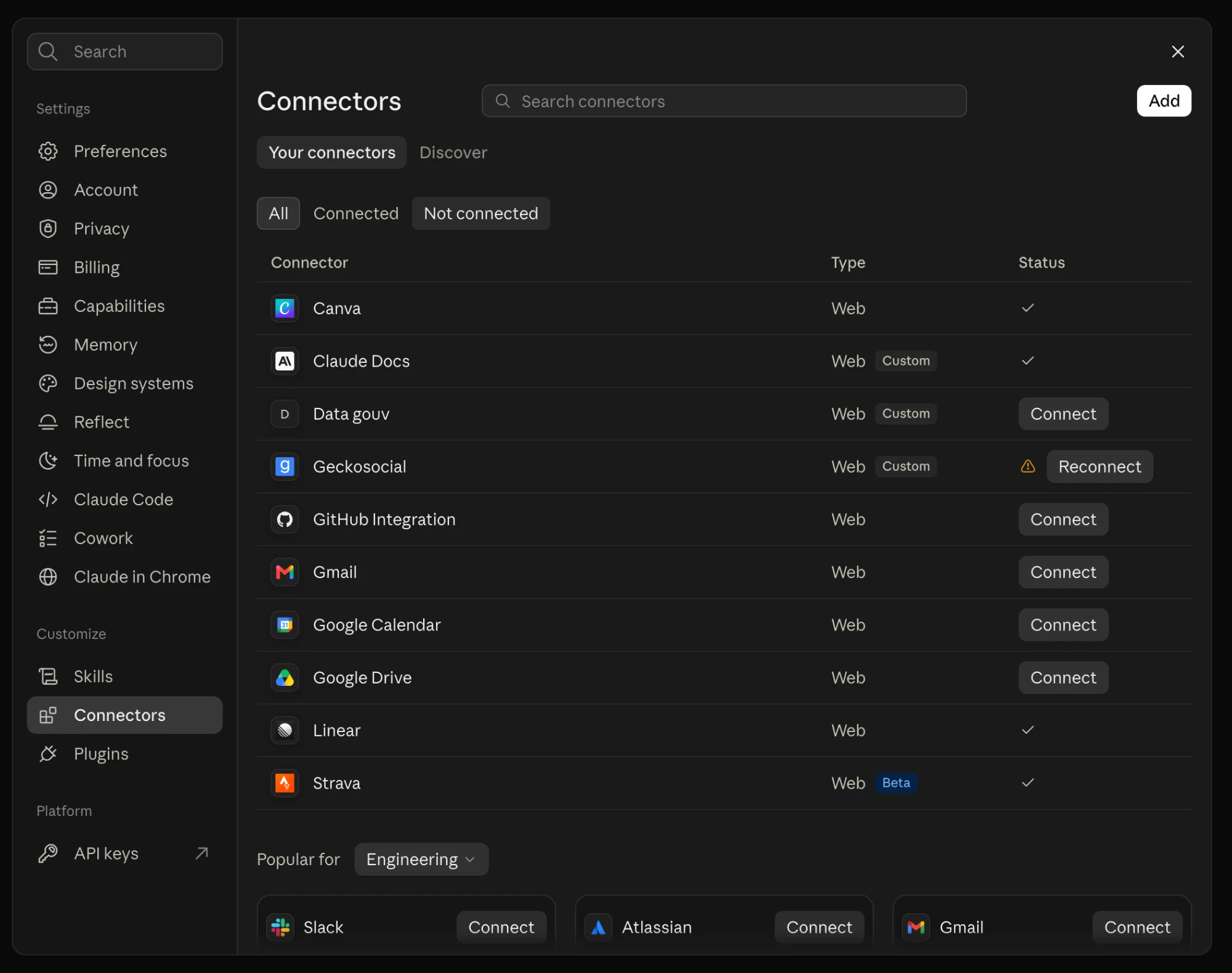 Claude's settings, Connectors page, with the list of connectors and an Add button in the top right corner.