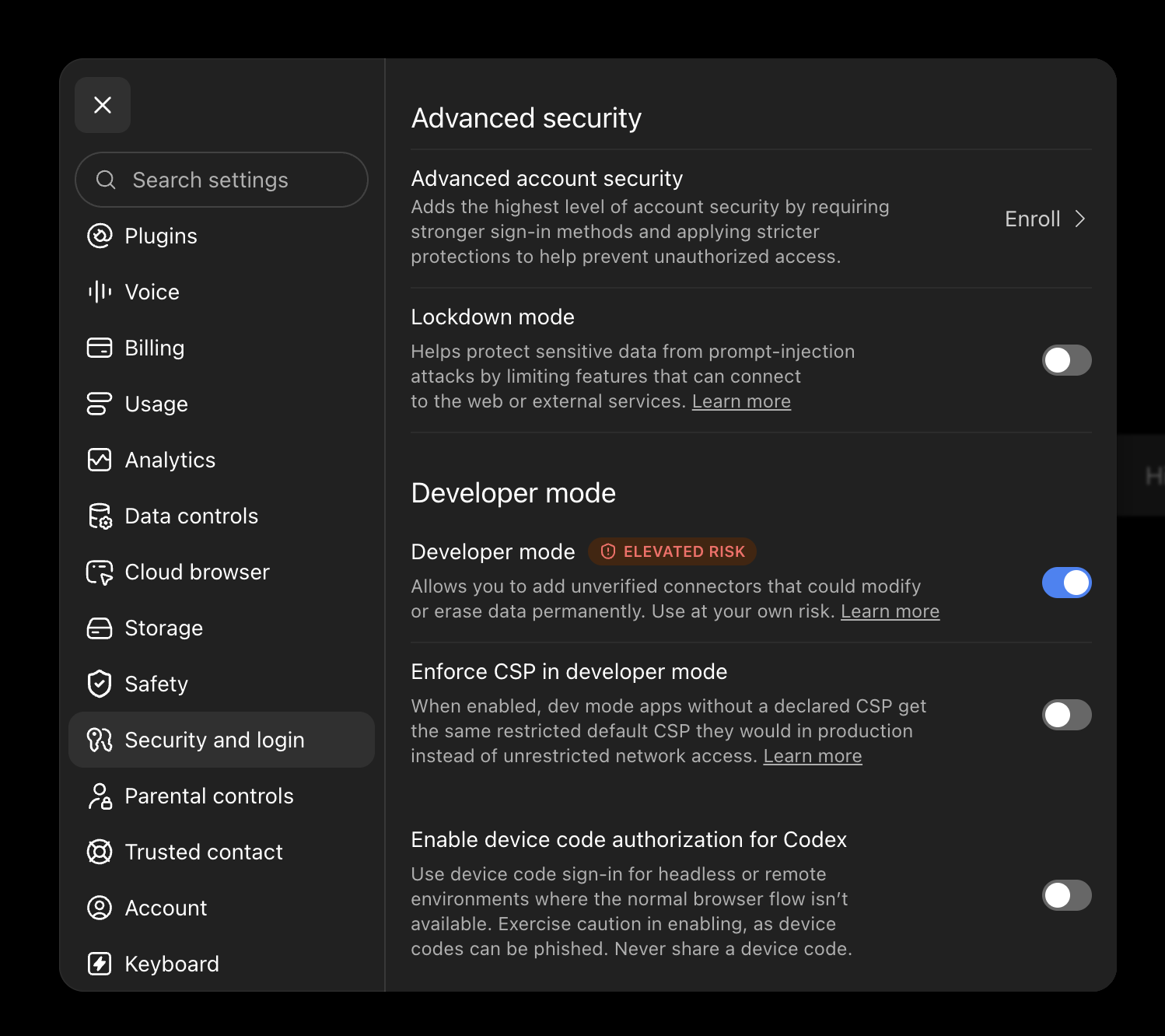 ChatGPT's Security and login settings, with the Developer mode switch turned on and its Elevated risk label.