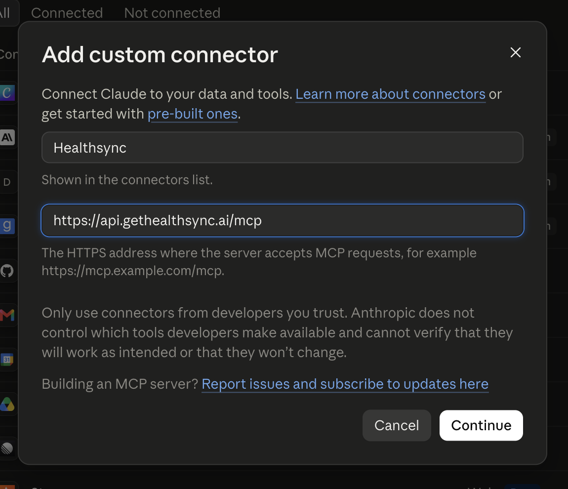 The Add custom connector dialog with the name HealthSync and the address https://api.gethealthsync.ai/mcp filled in.