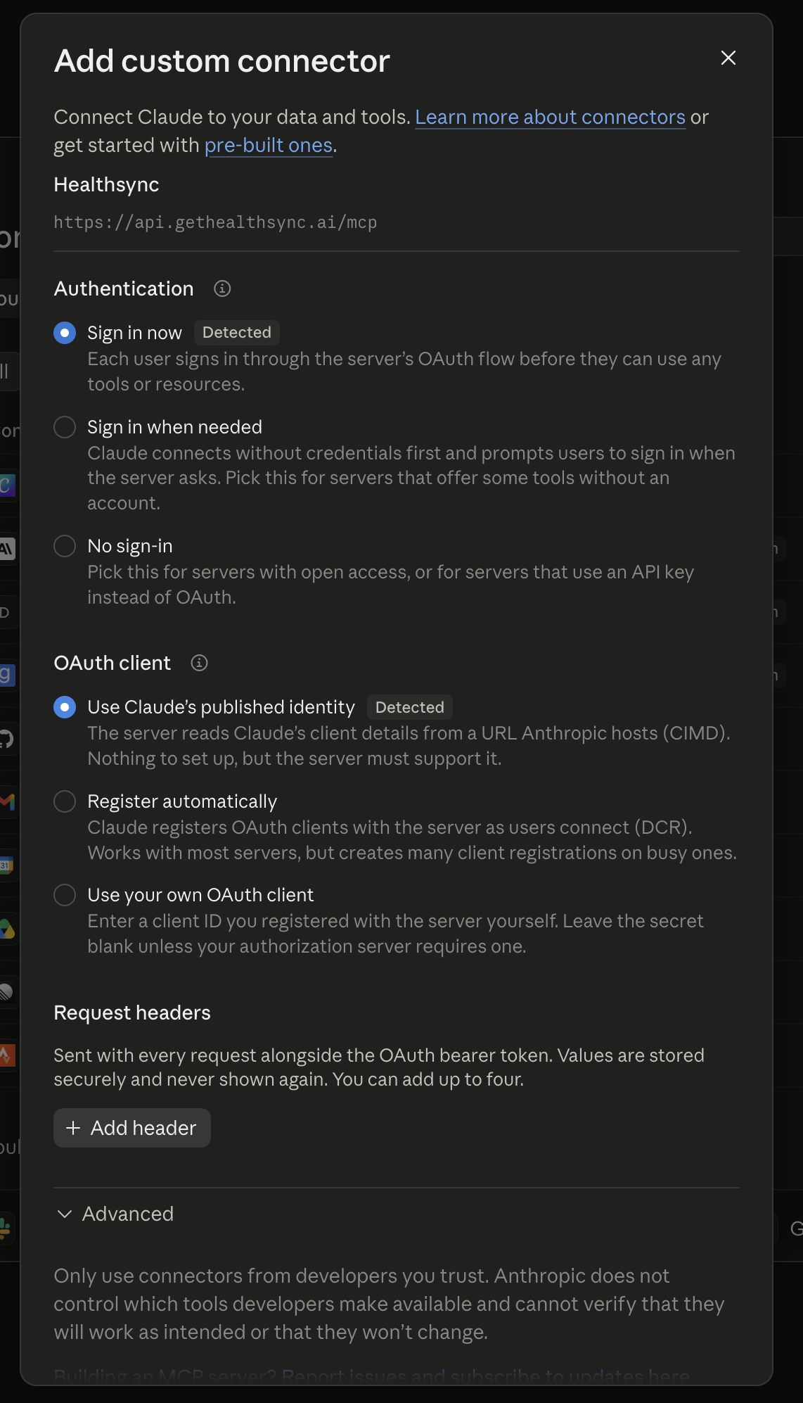 The second page of the dialog: Sign in now and Use Claude's published identity, both marked Detected.