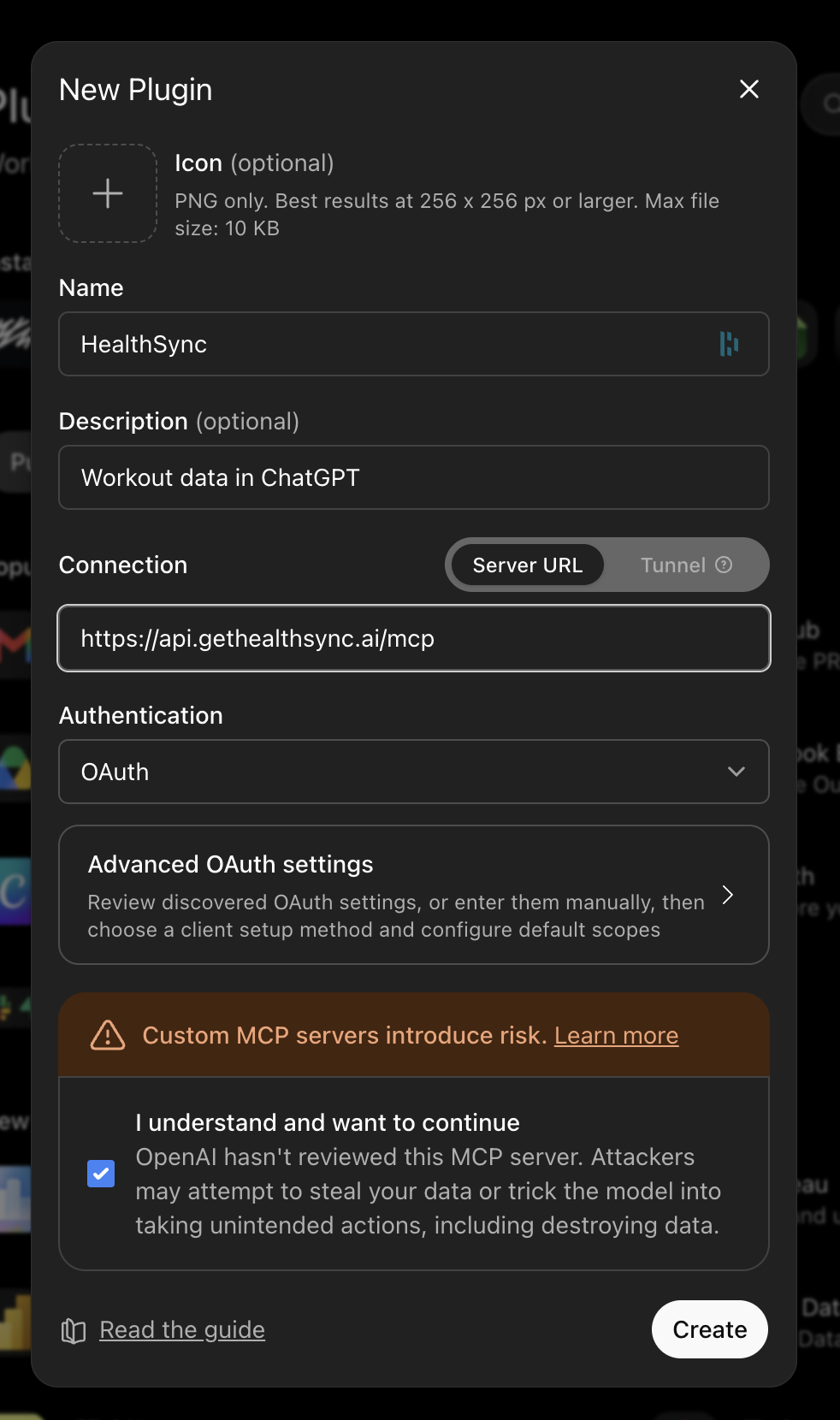 The New Plugin dialog with the name HealthSync, the server URL, OAuth authentication and the risk acknowledgement ticked.