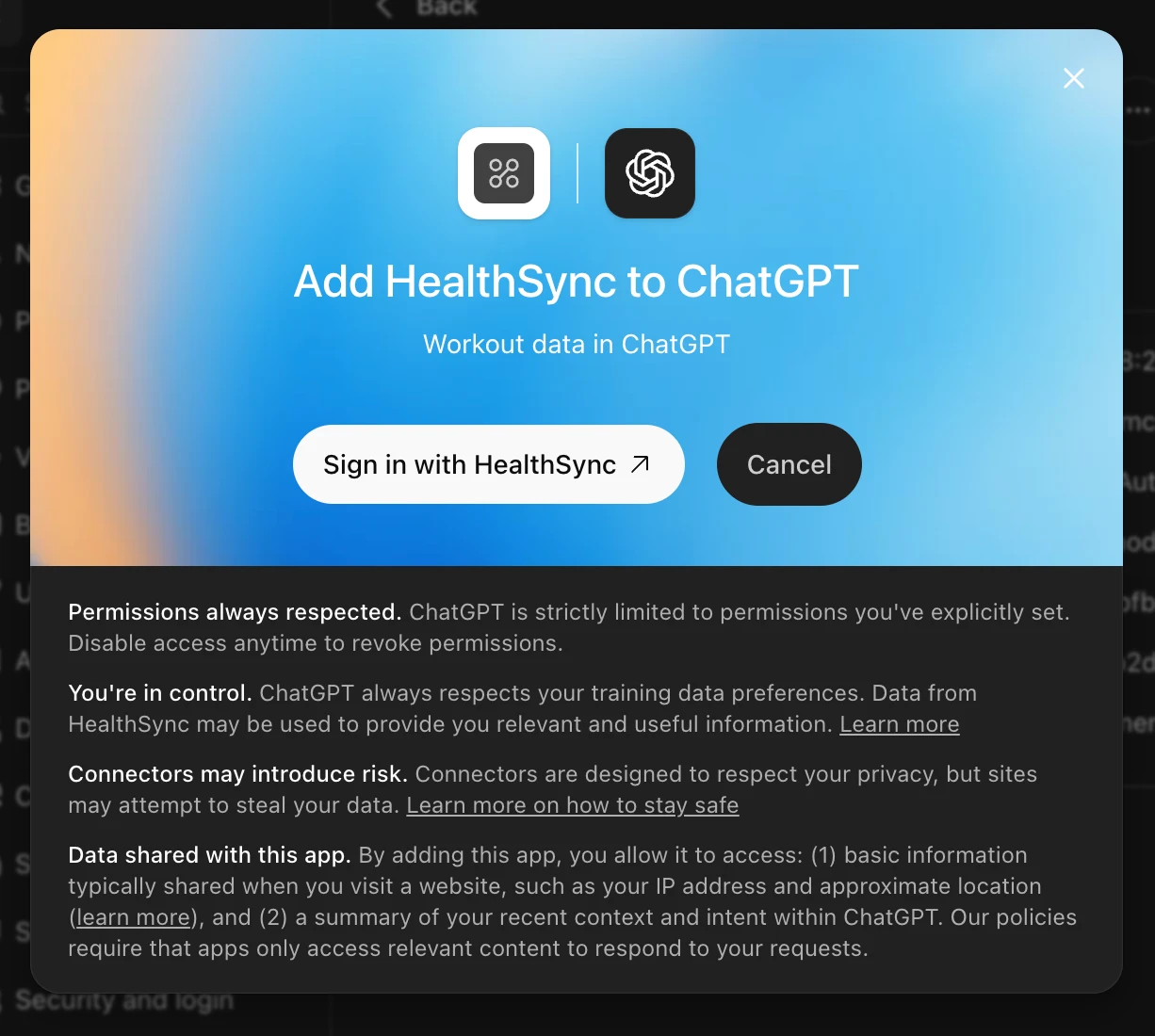 The Add HealthSync to ChatGPT dialog with a Sign in with HealthSync button.