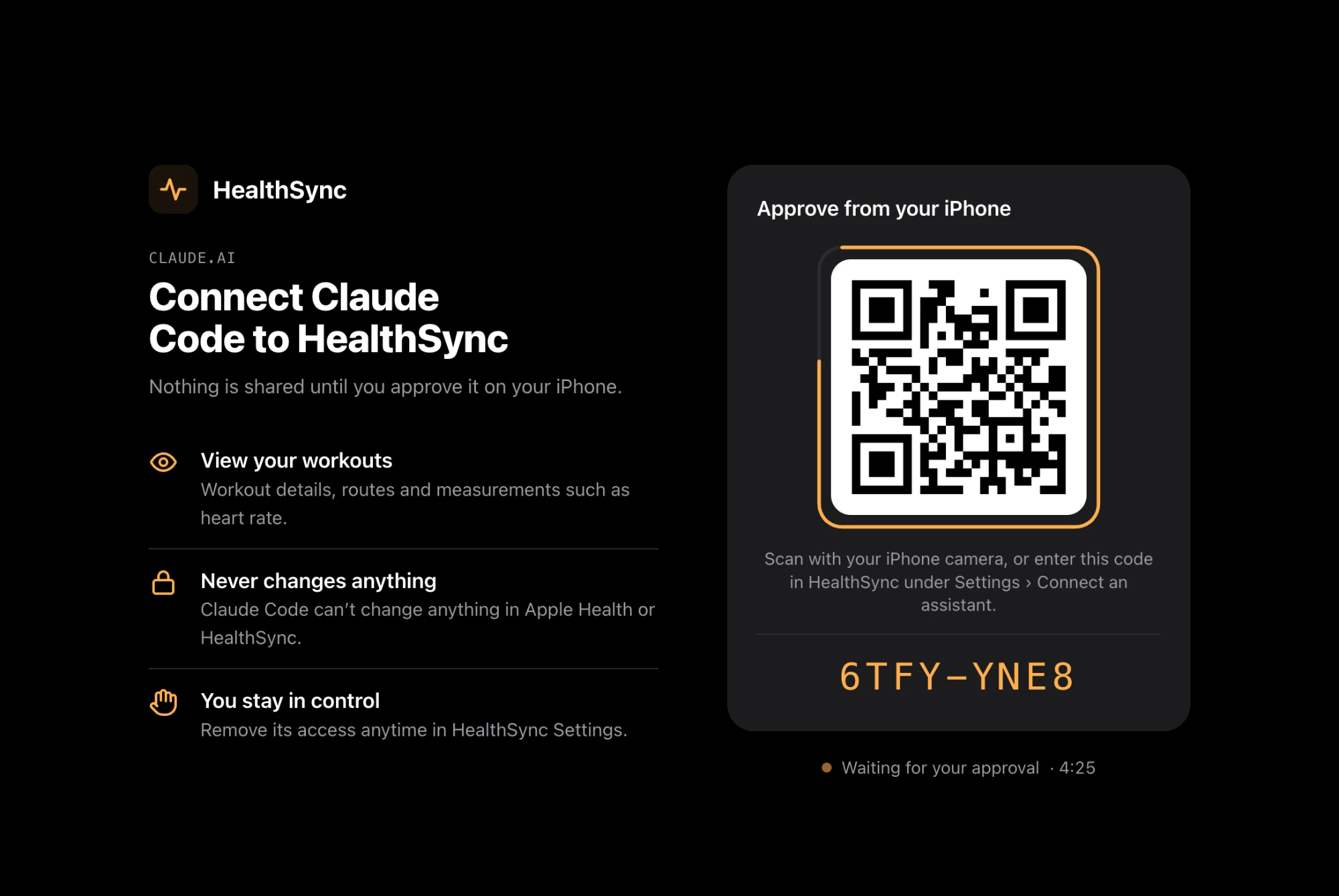 The HealthSync approval page: Connect Claude Code to HealthSync, what will be shared, a QR code and a short code, valid five minutes.