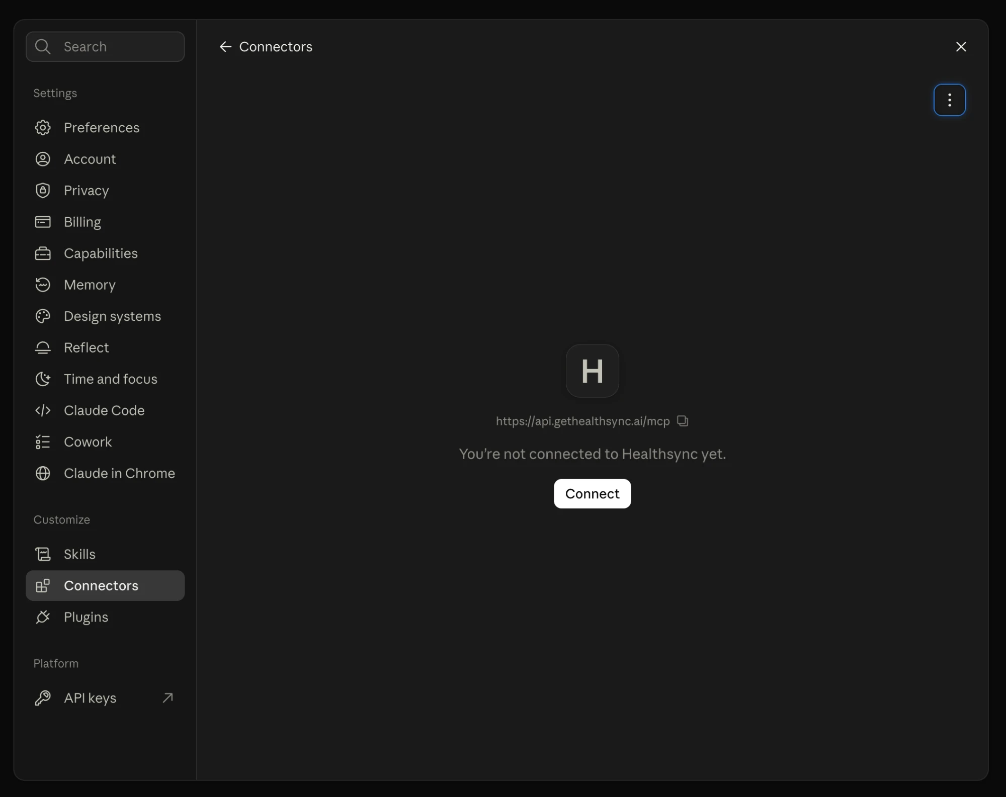 The HealthSync connector page in Claude, saying you are not connected yet, with a Connect button.