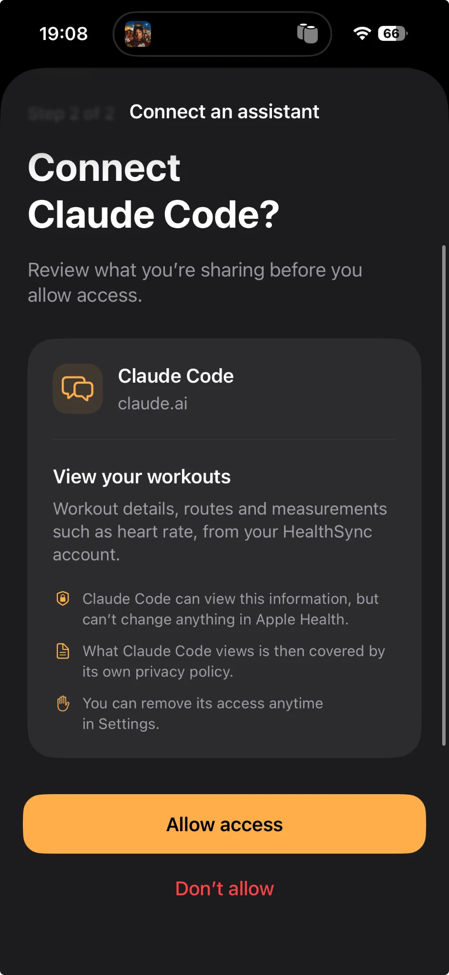The HealthSync app asking to connect Claude Code, listing what it will be able to view, with an Allow access button.
