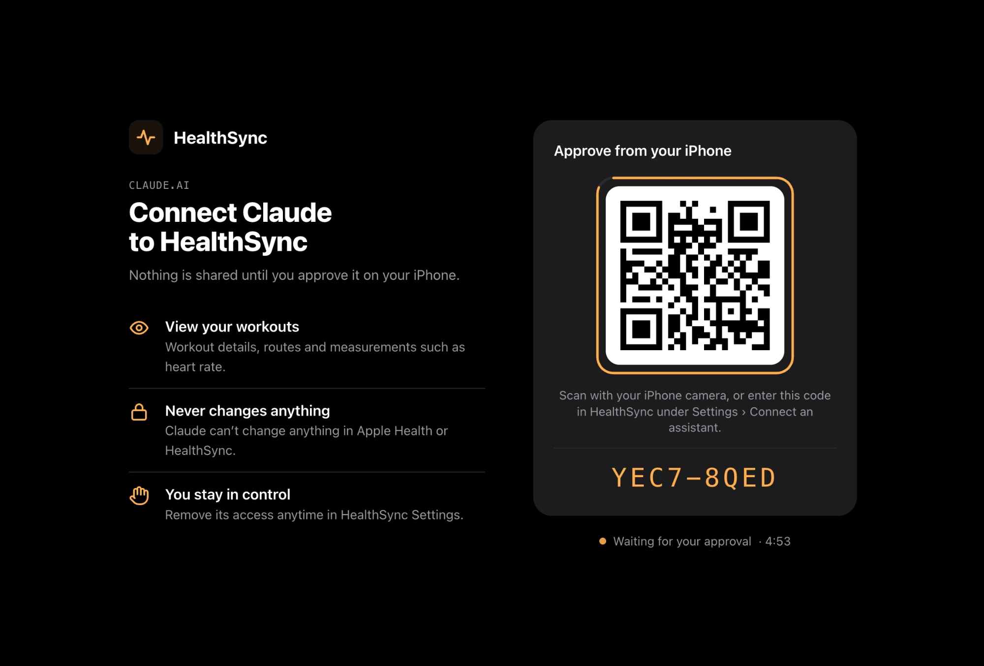The HealthSync approval page: Connect Claude to HealthSync, what will be shared, a QR code and a short code, valid five minutes.