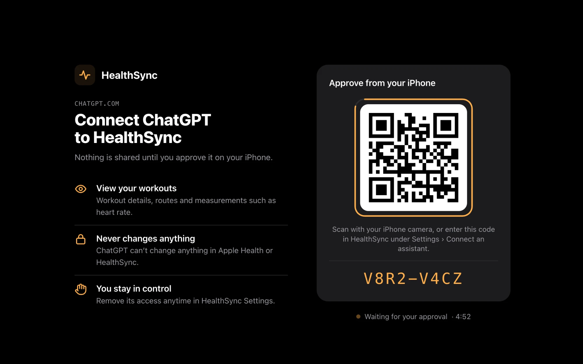 The HealthSync approval page: Connect ChatGPT to HealthSync, what will be shared, a QR code and a short code, valid five minutes.