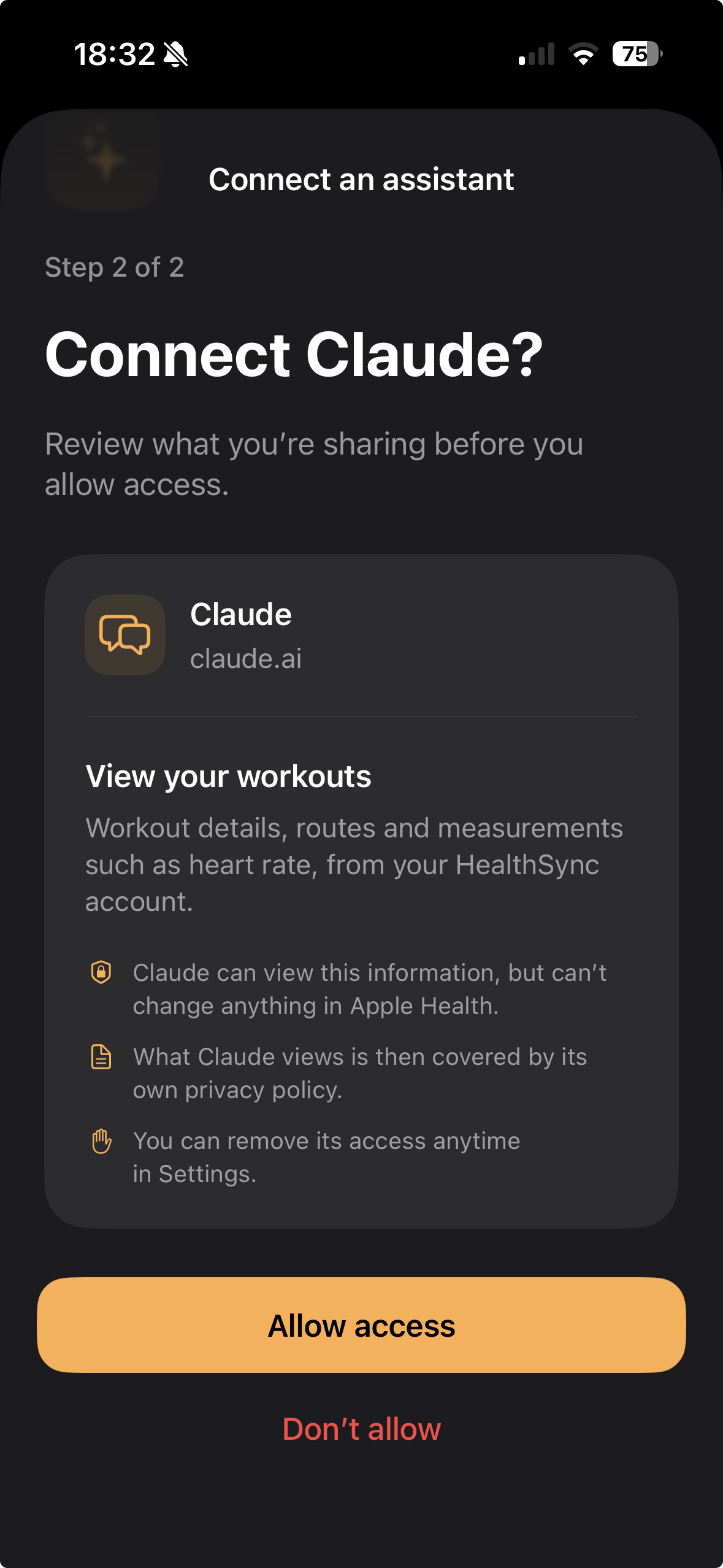 The HealthSync app asking to connect Claude, listing what it will be able to view, with an Allow access button.