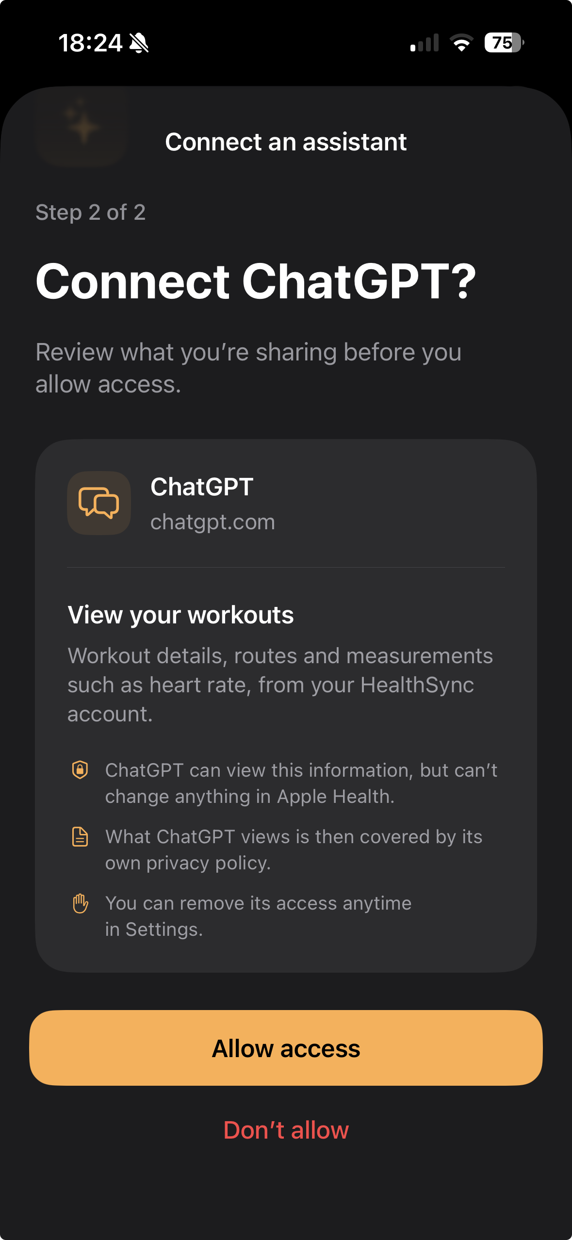The HealthSync app asking to connect ChatGPT, listing what it will be able to view, with an Allow access button.